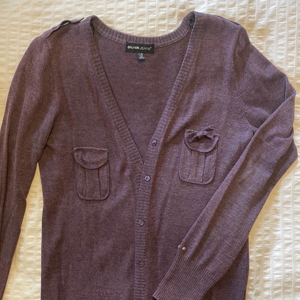 Silver Jeans Purple Cardigan with pocket and shoulder detailing